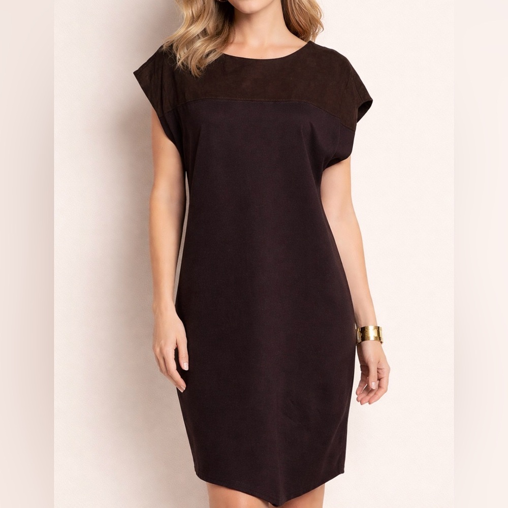 Carlisle Collection Women’s Size 6 Brown Suede Yoke Sheath Dress Cap Sleeve Midi